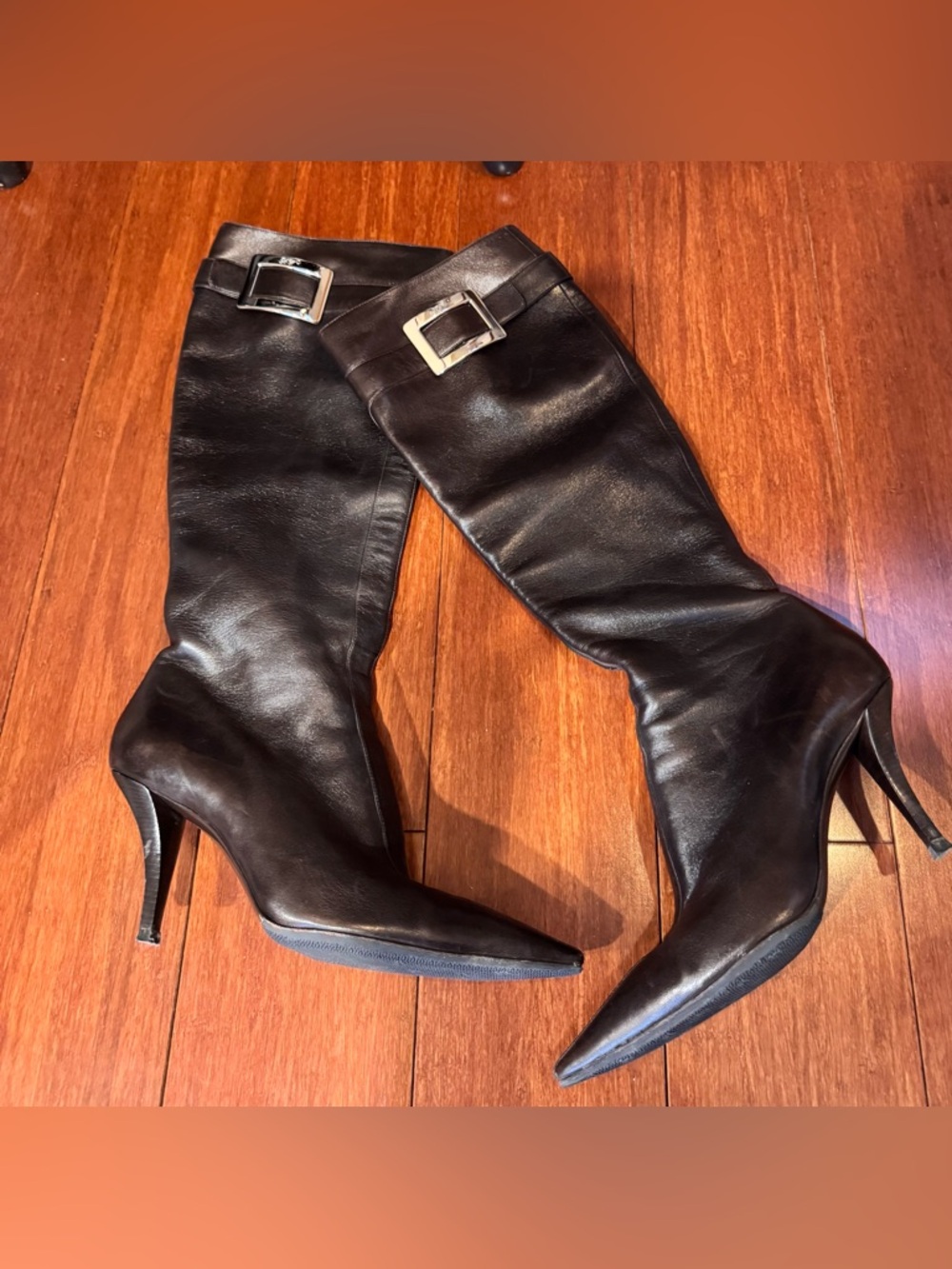 Roger Vivier Brown Leather Knee Boots with Silver Buckle